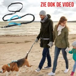 Merkloos Allernieuwste® Elastische Hondenriem 2-in-1 HANDSFREE Voor Hardlopen Shoppen En Wandelen - Honden Riem 160/260 Cm - Blauw Zwart -Hondenproducten 1198x1200 1
