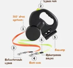 Dubbele Honden Riem – Leiband Hond – Hondenlijn – Looplijn Hond – 2 Honden – 3 Meter – Tot 12kg Per Hond – Reflecterende Lijnen – Met Zaklamp – 360° Draaien – Verstelbaar - Zwart -Hondenproducten 1200x1111 2