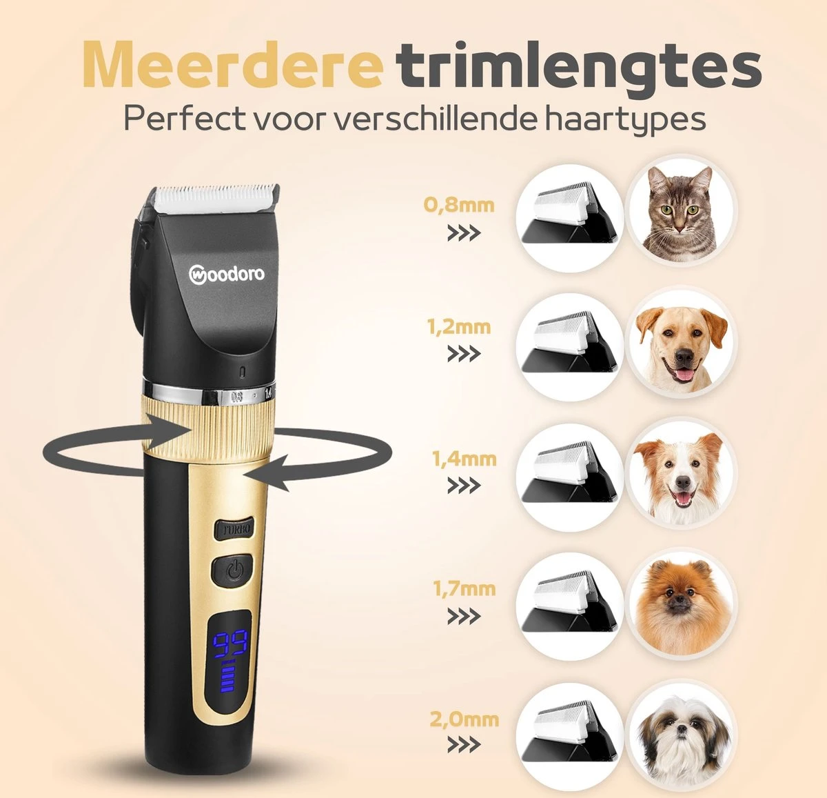 Woodoro Professionele 2-in-1 Hondentondeuse Voor Dikke Vacht – Draadloze Honden Tondeuse & Hondentrimmer – Stille Tondeuse Katten & Honden Trimset 8 Woodoro Professionele 2-in-1 Hondentondeuse Voor Dikke Vacht – Draadloze Honden Tondeuse & Hondentrimmer – Stille Tondeuse Katten & Honden Trimset - Afbeelding 6