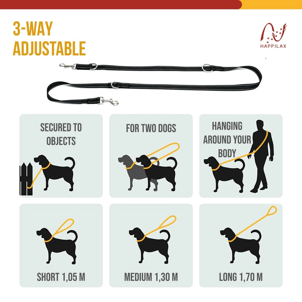 Happilax Dog Leash 2m Adjustable - Black/Reflective - 3-Step Adjustable Leash - Double Leash, Tug Leash - Geschikt Als Hondenriem Voor Grote Honden Of Als Sleepriem Voor Kleine Honden. 4 Happilax Dog Leash 2m Adjustable - Black/Reflective - 3-Step Adjustable Leash - Double Leash, Tug Leash - Geschikt Als Hondenriem Voor Grote Honden Of Als Sleepriem Voor Kleine Honden. - Afbeelding 3