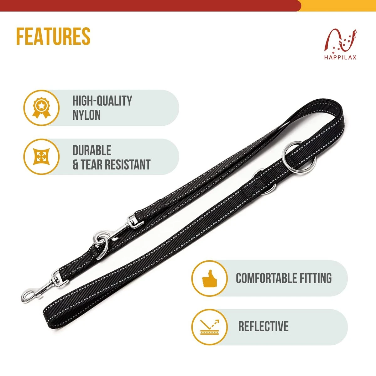 Happilax Dog Leash 2m Adjustable - Black/Reflective - 3-Step Adjustable Leash - Double Leash, Tug Leash - Geschikt Als Hondenriem Voor Grote Honden Of Als Sleepriem Voor Kleine Honden. 5 Happilax Dog Leash 2m Adjustable - Black/Reflective - 3-Step Adjustable Leash - Double Leash, Tug Leash - Geschikt Als Hondenriem Voor Grote Honden Of Als Sleepriem Voor Kleine Honden. - Afbeelding 4