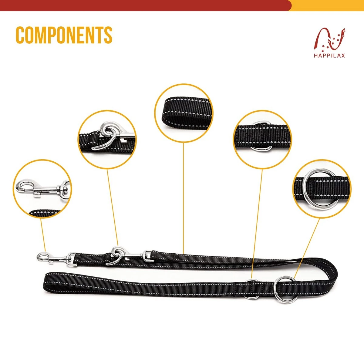 Happilax Dog Leash 2m Adjustable - Black/Reflective - 3-Step Adjustable Leash - Double Leash, Tug Leash - Geschikt Als Hondenriem Voor Grote Honden Of Als Sleepriem Voor Kleine Honden. 6 Happilax Dog Leash 2m Adjustable - Black/Reflective - 3-Step Adjustable Leash - Double Leash, Tug Leash - Geschikt Als Hondenriem Voor Grote Honden Of Als Sleepriem Voor Kleine Honden. - Afbeelding 5