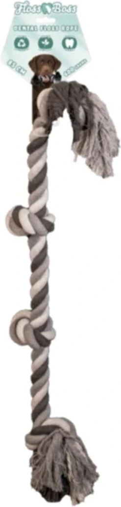 Floss Boss Flostouw – Zeer Stevig En Veilig Hondenspeelgoed – Hondentouw Van Gerecycled Katoen – Grijs Trektouw – 85cm – 600g – 4 Knopen